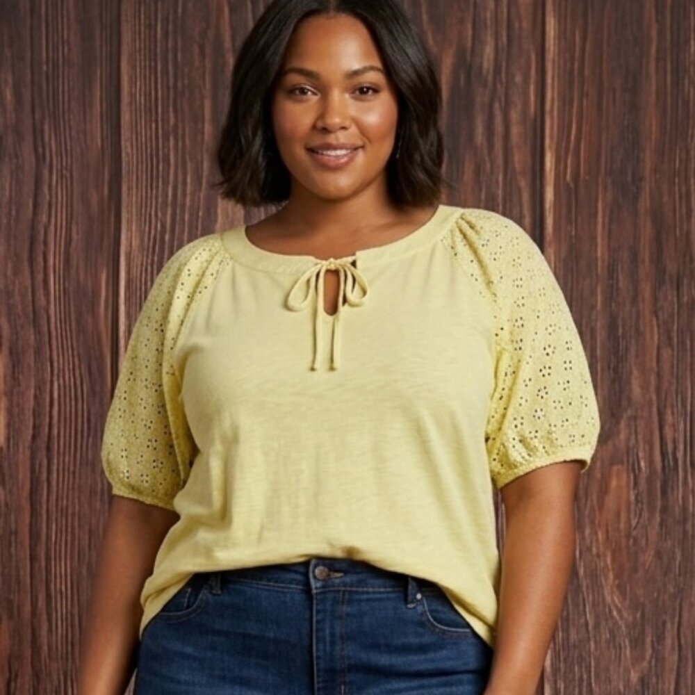 PerSeption Women Yellow Blouse Eyelet Sleeve‎ Boho Plus Size 1X